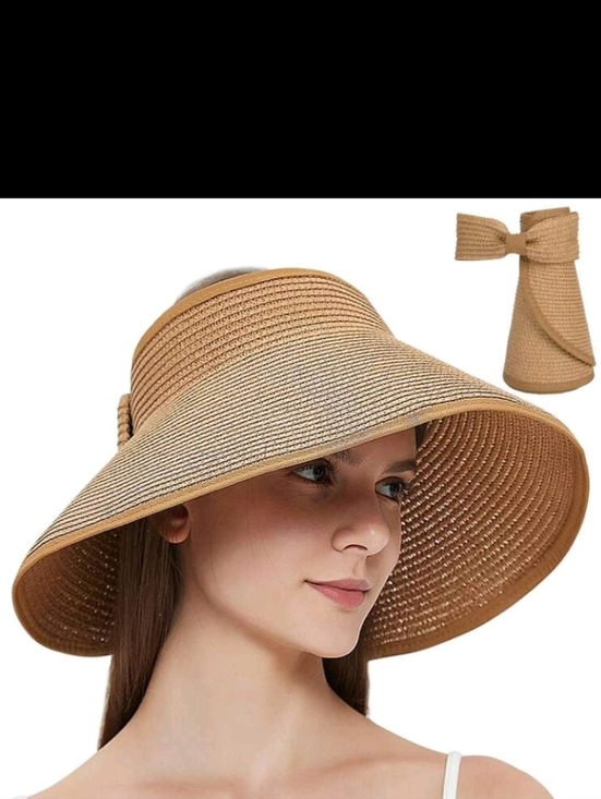 Brown Collapsible Raffia Woven Wide-Brim Sun Hat Bow Visor Foldable Open-top main image 7